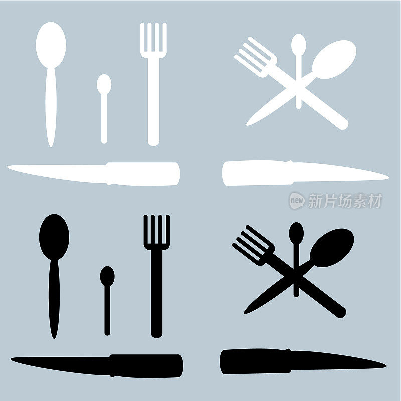 Spoon and fork black, isolated on white background. Vector icons. Cutlery, dishes for serving.